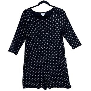 J. Jill Petite Black Geometric Print 3/4 Sleeve Shift Dress w Pockets Size M‎